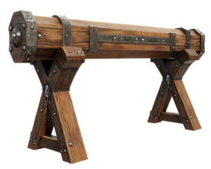 medieval wooden siege battering ram with iron reinforcements, showcasing craftsmanship and historical design. This powerful weapon symbolizes strength and strategy in warfare