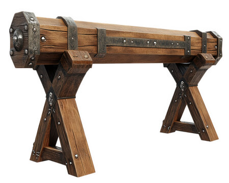 medieval wooden siege battering ram with iron reinforcements, showcasing craftsmanship and historical design. This powerful weapon symbolizes strength and strategy in warfare