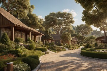 Obraz premium A charming farm community with rustic homes, beautiful trees, and a tranquil rural atmosphere. 