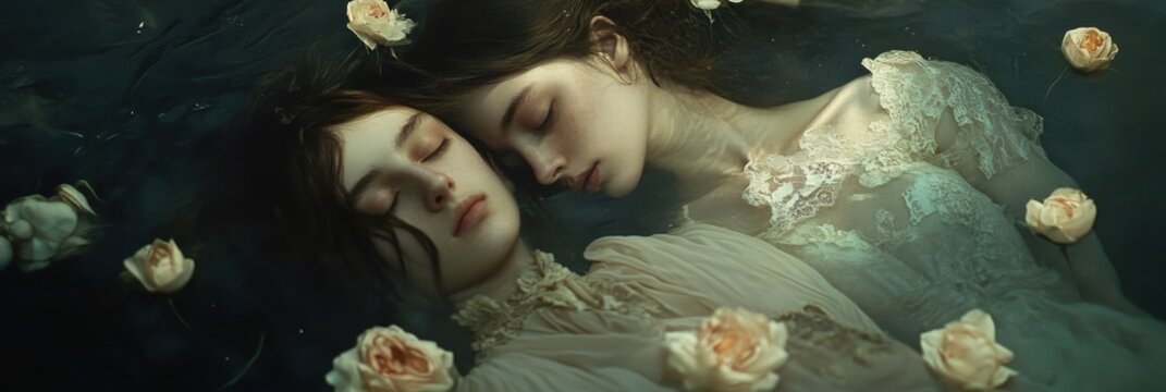 Romantic tragedy of Leander and Hero illustrated through emotional imagery and serene beauty