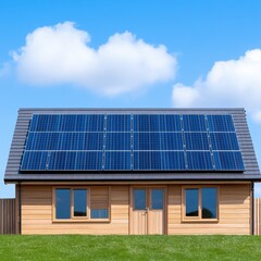 Naklejka premium Modern house featuring solar panels on the roof emphasizing self-sufficient homes and sustainable living practices