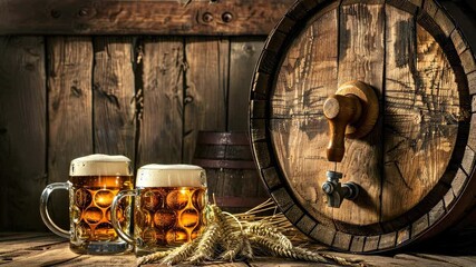 Friends gather around wooden barrels to enjoy cold craft beer and share stories in a warm, rustic taproom atmosphere