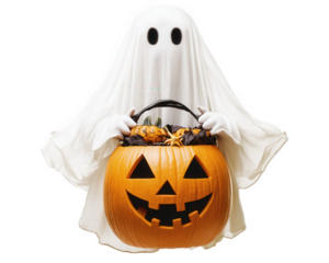 playful Halloween ghost with mischievous grin holds pumpkin basket filled with treats, embodying festive spirit of season