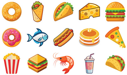 Colorful Fast Food Icons Delicious Cartoon Food Illustrations for Design & Branding