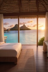 A luxurious beachfront resort in Bora Bora with an open balcony overlooking a breathtaking sunrise.

