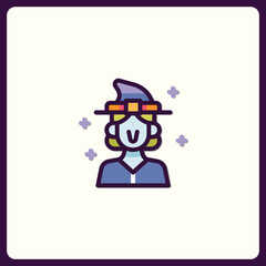 Whimsical witch icon with magical sparkles for festive design elements