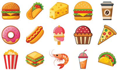 Colorful Fast Food Icons Delicious Cartoon Food Illustrations for Design & Branding