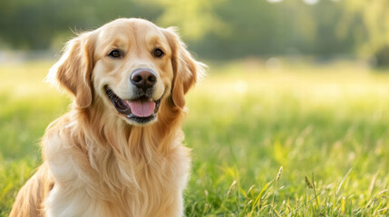 Obraz premium Golden Retriever sitting in grassy field, smiling happily in sunlight