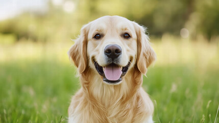 Obraz premium Golden retriever sitting in grassy field, smiling happily under sunlight