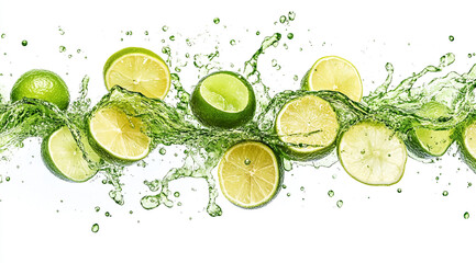 Slices of lemons and limes splash through green liquid, creating a dynamic and refreshing visual effect against a white background.