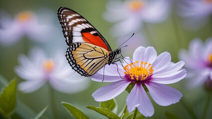 Butterfly perched on vibrant flower in a dreamy spring garden