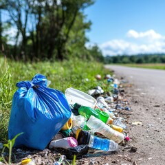 A trash bag left on the side of a road signifying issues of littering and the importance of proper trash collection