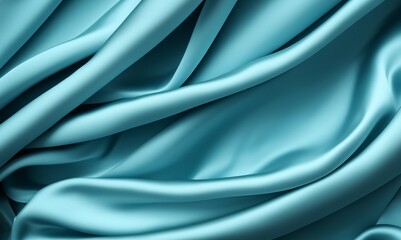 Obraz premium Cyan color silk satin background. Soft wavy folds on the fabric. Wedding, anniversary, valentine, love, tender, celebration, card. Beautiful blue abstract background with copy space for your design.