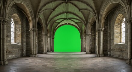 Obraz premium A medieval castle interior with sections covered by a green screen for digital modifications