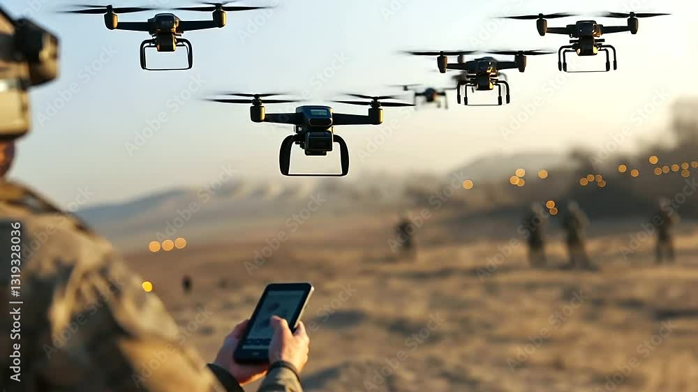 Poster a soldier engages in combat with a handheld drone controller, launching a swarm of drones to provide