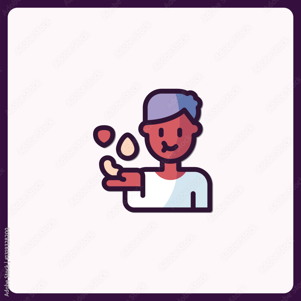 Poster cartoon character juggling round objects with a playful expression icon