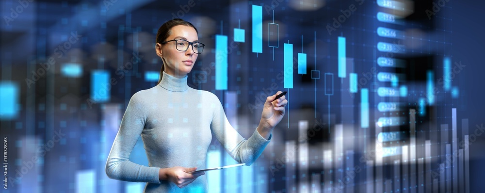 Poster advanced financial analysis with interactive digital market data display.