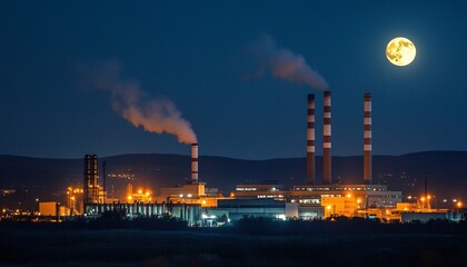 Fototapeta premium Nighttime industrial scene with towering chimneys releasing smoke, highlighting the impact of smoke and air pollution on the environment.