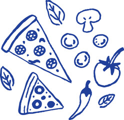 Delicious pizza slices with toppings, mushrooms, and vegetables create vibrant food illustration