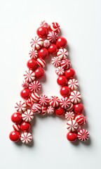 A festive and artistic number and letter designed entirely with peppermint candies and holiday sweets. The red, green, and white confections create a vibrant and whimsical Christmas-themed typography