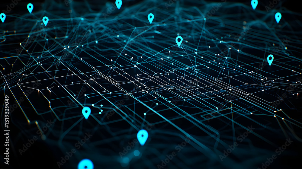 Poster abstract digital network visualization of blue lines connections and location pins