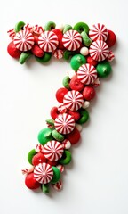 A festive and artistic number and letter designed entirely with peppermint candies and holiday sweets. The red, green, and white confections create a vibrant and whimsical Christmas-themed typography