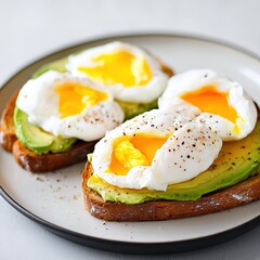 Close-up of two perfectly poached eggs on toasted bread with creamy avocado garnished with fresh herbs