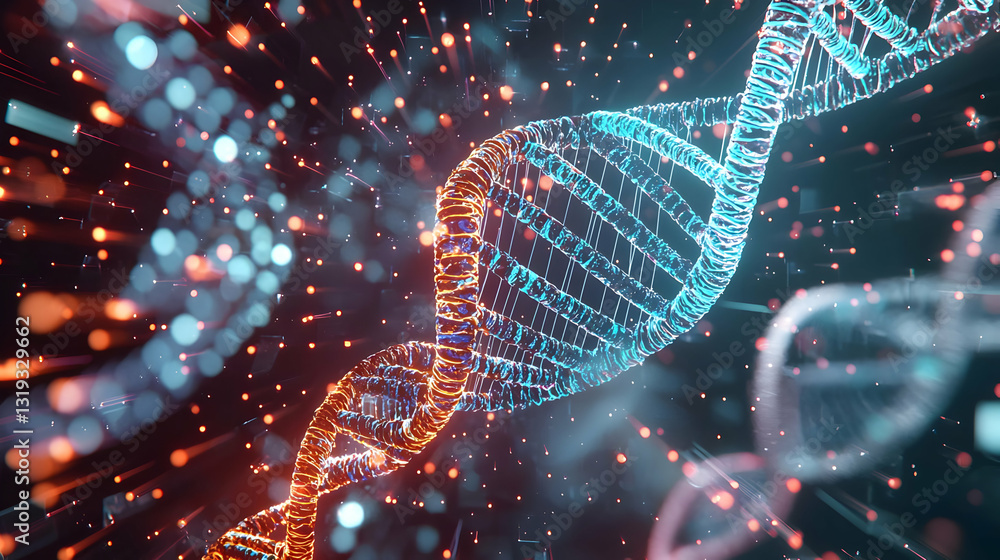 Aufkleber dynamic vibrant 3d rendered dna double helix strand with orange and blue particles on a dark backgro