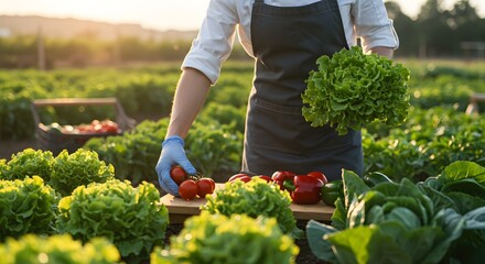 Fototapeta premium Farmer Harvesting Fresh Vegetables in Organic Farm During Sunset. Generative AI