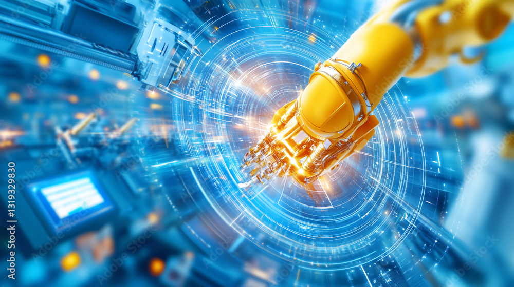 Poster a robotic arm is engaged in complex tasks within a high-tech industrial environment. bright circuits