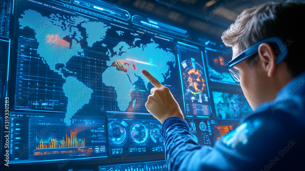 Poster a technology expert focuses on an interactive display showcasing global data trends. the individual 
