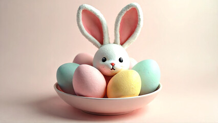 Easter bunny surrounded by colorful painted eggs in a bowl closeup