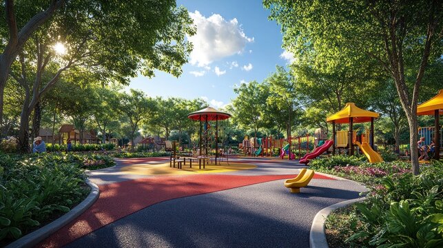Colorful playground nestled in a lush park - Powered by Adobe