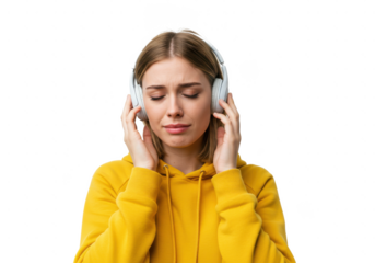 Young emotional woman in yellow hoodie and wireless headphones, listening favorite songs with closed eyes isolated on White background