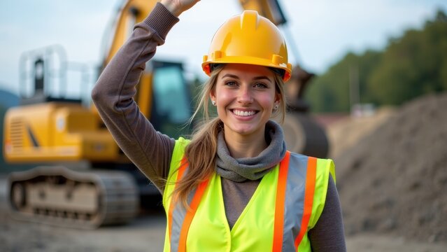 A woman in construction gear, including a hard hat and safety vest, standing on a construction site with her arm raised - Powered by Adobe