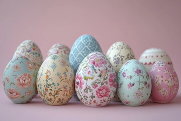 3d style of Beautifully decorated Easter eggs with intricate patterns, neatly arranged on a soft pastel background.