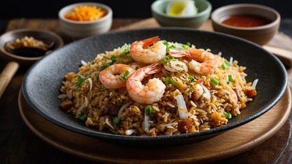 Fototapeta premium Delicious Fried Rice with Shrimp and a Rich Yellow Yolk