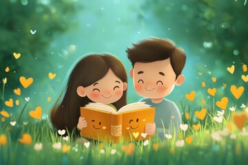 a social emotional cartoon kid reading a book with her dad cartoon with healed hearts in a grass background and show nature surrounding.