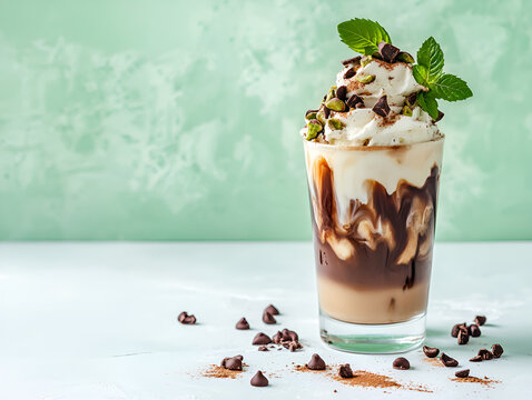Dubai Chocolate Ice Cream iced coffee latte with pistachio ice cream, tahini, kataifi, whipped cream chocolate drops and dubai chocolate flavored syrup, on white green table, copy space