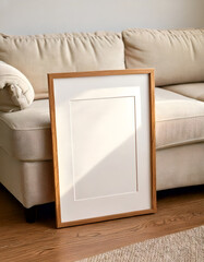Blank Wooden Frame Leaning Against a Cozy Sofa