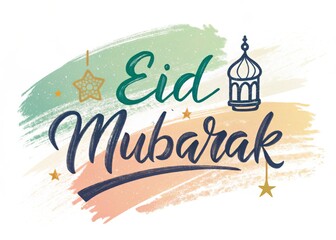 Obraz premium Festive Eid Mubarak greeting with brushstrokes and lantern design