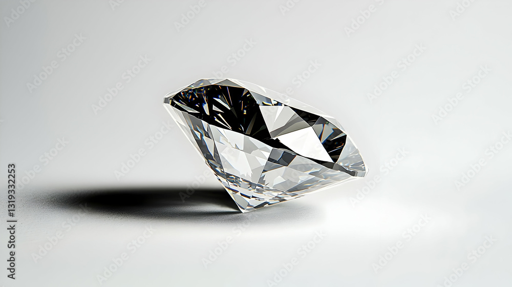 Poster large faceted diamond with shadow on gradient gray background and brilliant sparkle in luxury design
