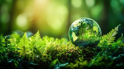 Earth globe in lush forest moss