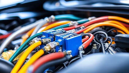 Close-Up of Car's Electrical Wires and Control Panels, Intricate Network in Engine Bay, Focus on Colorful Cables, Blue Main Body Highlighting Key Component, 