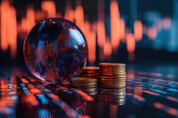 Conceptual image of glass global finance with coins and a world globe against a digital background of stock market trends.