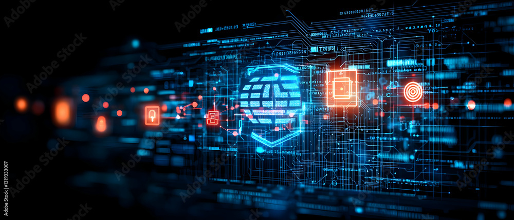 Poster futuristic glowing blue digital circuitry network data flow on dark background with red accents