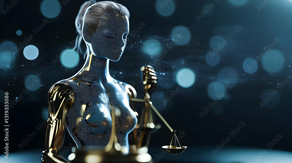 Poster digital justice artificial intelligence robot holding scales of justice in futuristic blue bokeh bac