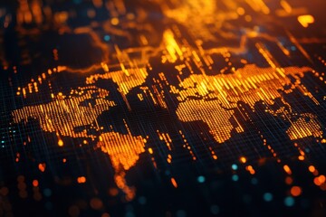 Financial graphs and charts overlaying a digital world map. Business and financial background concept with gold and black theme.