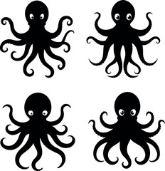 Octopus Silhouette Vector, Black on White, Sea Animal Illustration.