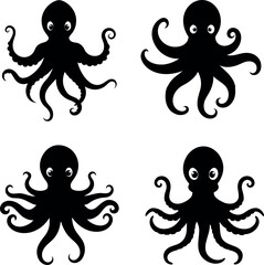 Black Octopus Icon, Minimalist Silhouette, Ocean Theme Vector.
